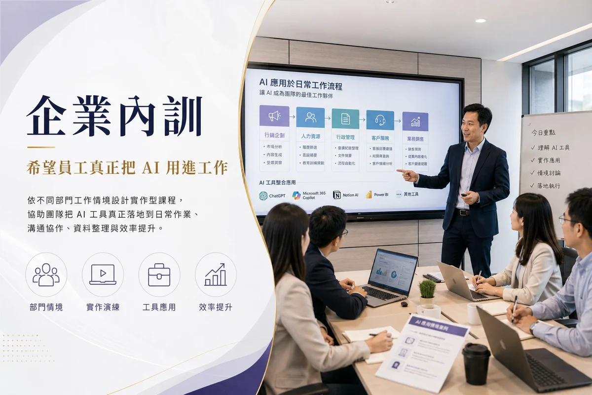 企業內訓:希望員工真正把 AI 用進工作。依不同部門工作情境設計實作型課程,協助團隊把 AI 工具真正落地到日常作業、溝通協作、資料整理與效率提升。