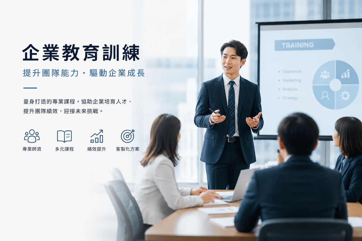企業教育訓練:提升團隊能力,驅動企業成長。量身打造的專業課程,協助企業培育人才、提升團隊績效,迎接未來挑戰——重點包含專業師資、多元課程、績效提升、客製化方案。