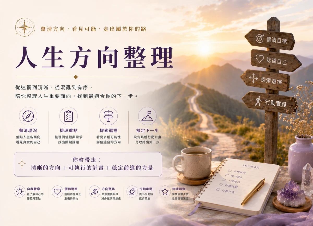 人生方向整理：我知道要改變，但不知道怎麼開始。把現況、限制與選項放在一起看，最後排出真正可以行動的順序，你會帶走清楚的優先順序＋下一步行動。
