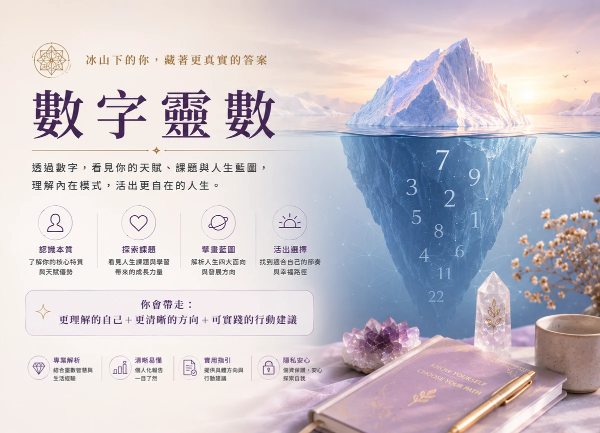 數字探索：想看見自己的特質與模式。把數字當成理解自己的另一面鏡子，觀察優勢與容易反覆出現的模式，你會帶走一份更有脈絡的自我理解。