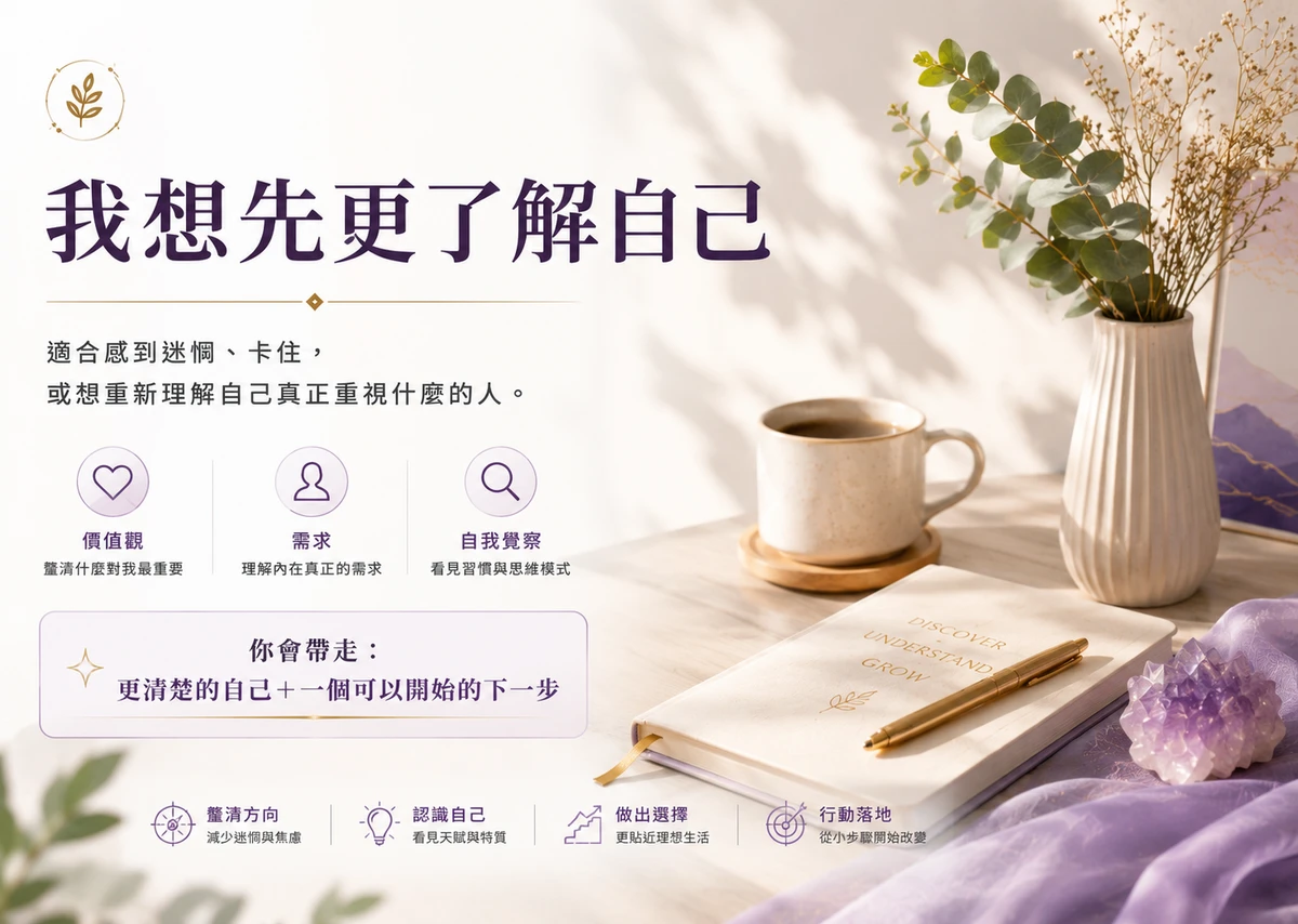 我想先更了解自己：自我探索。適合感到迷惘、卡住，或想重新理解自己真正重視什麼的人——重點包含價值觀、需求、自我覺察，你會帶走更清楚的自己＋一個可以開始的下一步。
