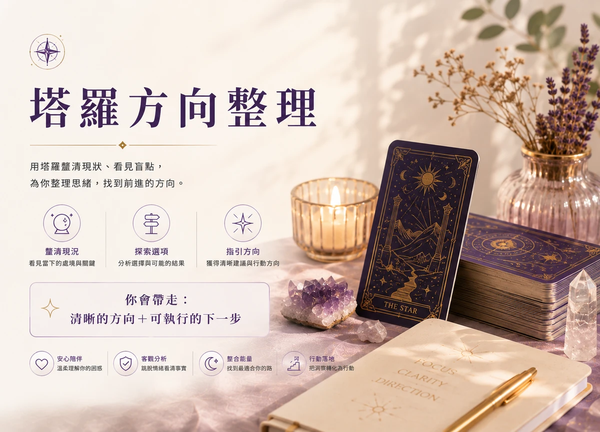 塔羅方向整理。用塔羅釐清現狀、看見盲點，為你整理思緒，找到前進的方向——重點包含釐清現況、探索選項、指引方向，你會帶走清晰的方向＋可執行的下一步。